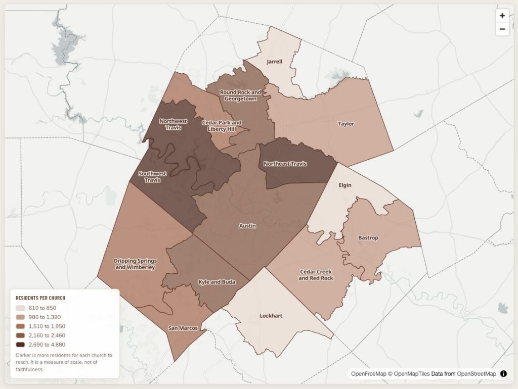Map of Greater Austin’s fifteen Census County Divisions shaded from lighter to darker by residents per active church.